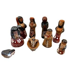 Mexican Tonala Pottery Nativity Set Holy Family Folk Art Signed Painted Floral